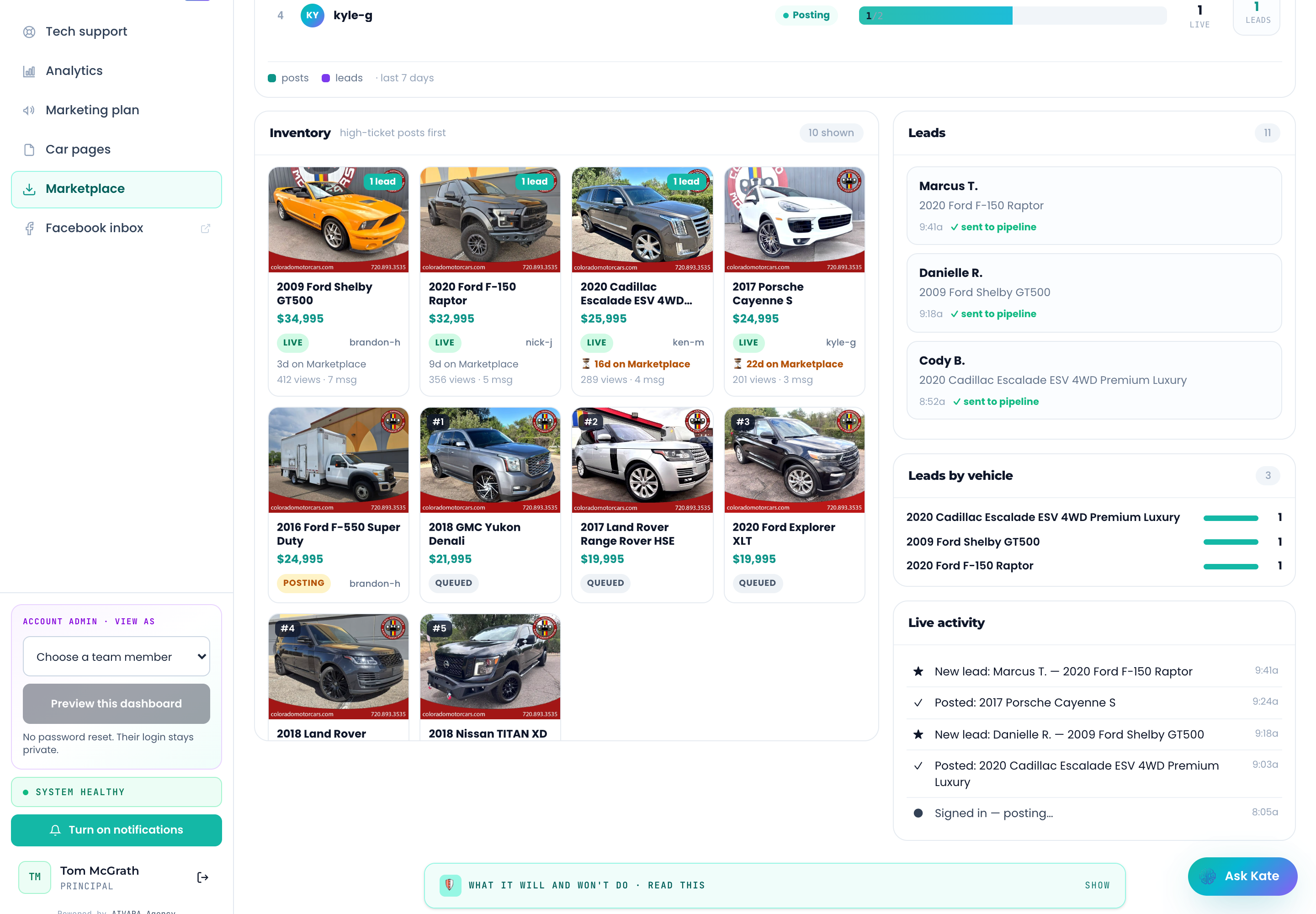 Your whole lot posted to Marketplace, with per-car lead counts and live activity
